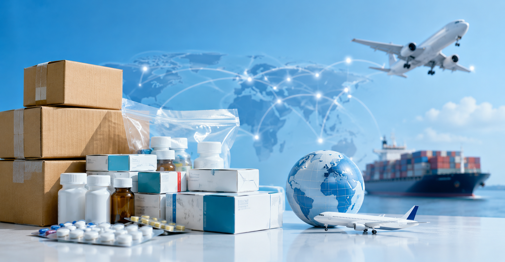 International medicine courier parcel with prescription documents and pharmacy invoice beside it.