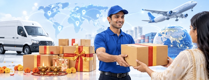 International courier parcel prepared for dispatch before the Diwali holiday.