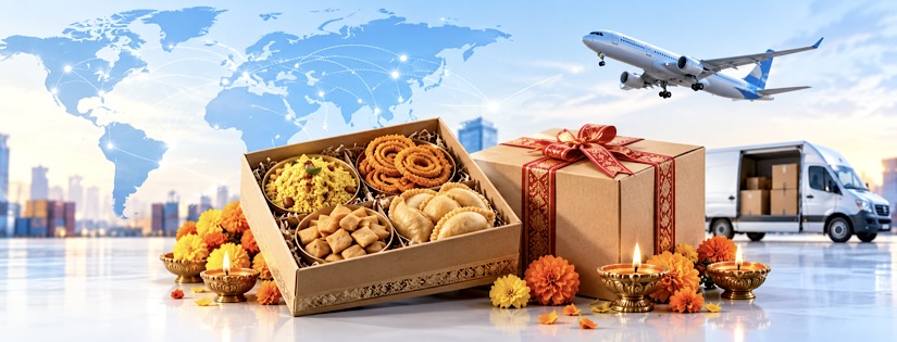 Traditional Maharashtrian Diwali faral packed in a gift box for international delivery from Pune